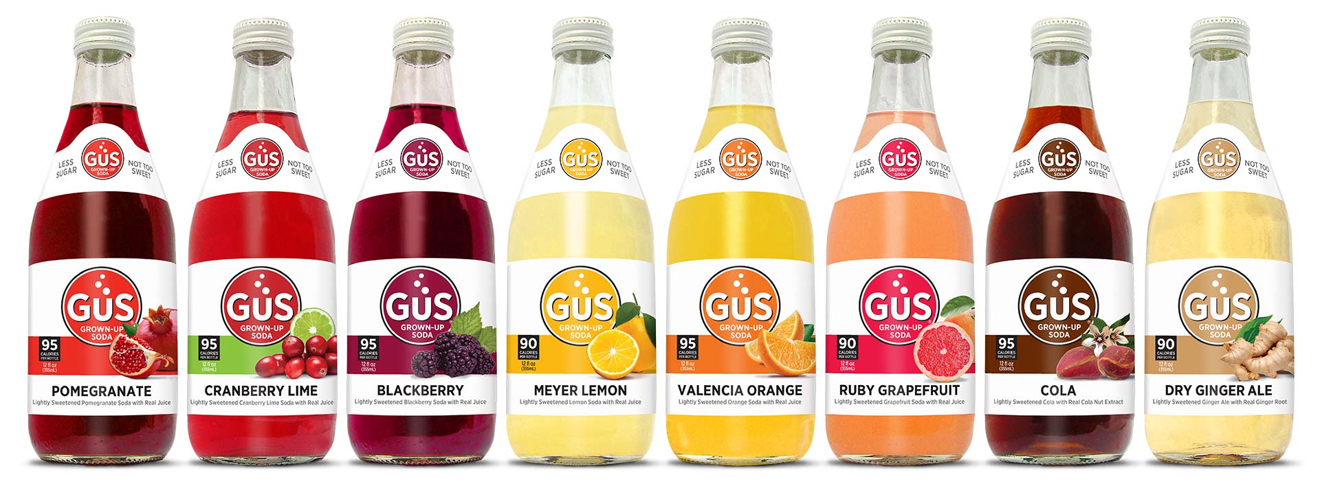 GuS Soda Less Sugar • Not Too Sweet GuS Soda, Crisp Taste. Clean